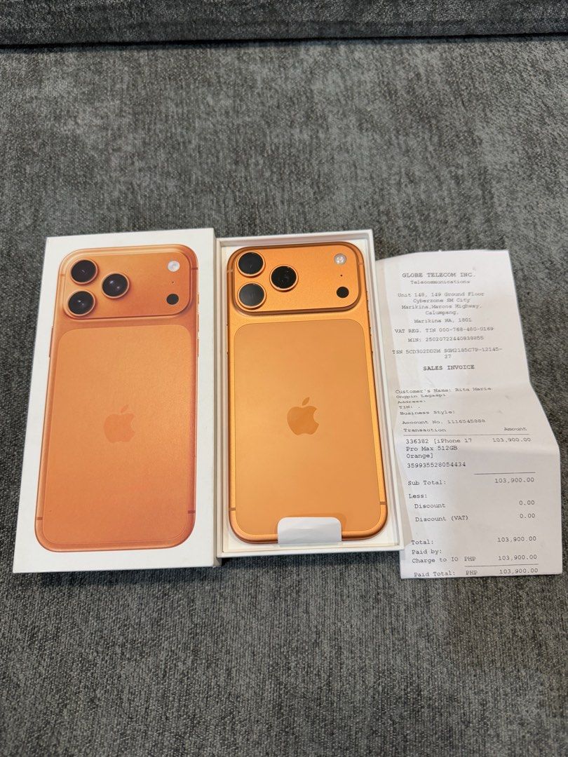 Brandnew Iphone 17 Pro Max 512gb FU NTC (Category: iPhone 17 Series) located in Mandaluyong City. Submitted by better_call_sole_ph (Listing ID 1446638537, Image 2). Description: Iphone 17 Pro Max 512gb Cosmic Orange Openline ntc approved Brandnew activated only never been used 100% batthealth ( 0 cc) complete with receipt unli check upon meetup 83.5k only open for swap plus cash Alabang.