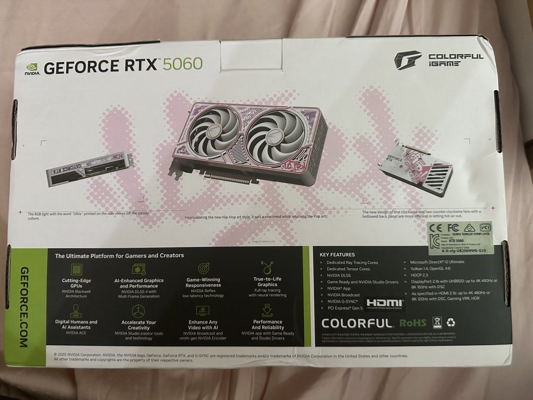 Colorful iGame GeForce RTX 5060 ULTRA Graphics Card (Category: Computer Parts) located in Kuala Lumpur. Submitted by rockey19980817 (Listing ID 1446584854, Image 2). Description: - Colorful iGame GeForce RTX 5060 ULTRA Graphics Card - 8GB GDDR6 Memory - Supports DLSS 4, Ray Tracing, and Reflex - Ideal for Gaming and Creative Work - Comes with Original Packaging and Quick Guide - Please check photos for condition details - Got 2 year warranty left