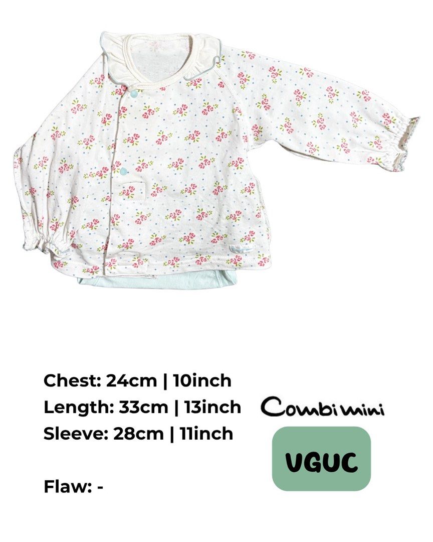 Combi mini Baby Wrap Top with Floral Print (Category: Babies & Kids Fashion) located in Klang. Submitted by ml.ney (Listing ID 1446682082, Image 2). Description: - Cute wrap top for baby - White with pink floral and blue dot print - Features ruffled collar and cuffs - Easy snap button closure - Brand: Combi Mini - Measurements: Chest 24cm/10in, Length 33cm/13in, Sleeve 28cm/11in.