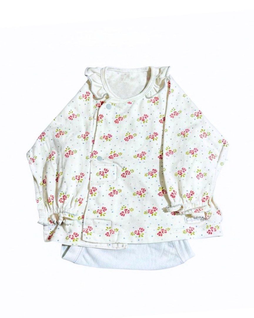 Combi mini Baby Wrap Top with Floral Print (Category: Babies & Kids Fashion) located in Klang. Submitted by ml.ney (Listing ID 1446682082, Image 1). Description: - Cute wrap top for baby - White with pink floral and blue dot print - Features ruffled collar and cuffs - Easy snap button closure - Brand: Combi Mini - Measurements: Chest 24cm/10in, Length 33cm/13in, Sleeve 28cm/11in.