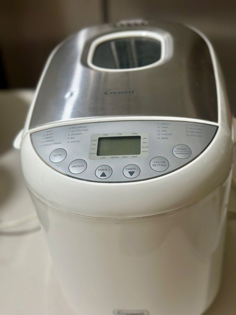 Crosset Bread Maker with Multiple Settings (Category: Breadmakers) located in Muntinlupa City. Submitted by daphned10 (Listing ID 1446570888, Image 3). Description: - Crosset Bread Maker - Multiple Settings: Basic, Quick, Sweet, French, Whole Wheat, Rice Bread, Gluten-Free, Dessert, Dough, Knead, Cake, Jam, Yogurt, Bake - Customizable: Choose loaf size and crust color - Includes: Bread pan - Condition: Tested and working.