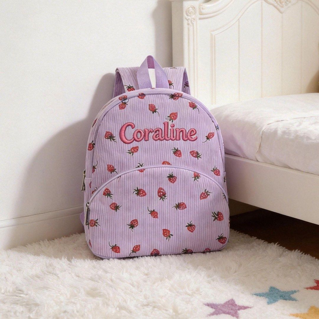 Custom backpack （分類：背囊）位於 Hong Kong。 由 xSarahx_ 提交（商品編號 1446579266，圖片 2）。簡介： Cute corduroy backpack with a strawberry pattern. Available in beige, pink, and purple. Soft and durable material. Perfect size for little ones. Makes a great gift!。
