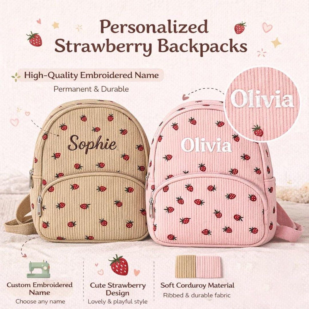 Custom backpack （分類：背囊）位於 Hong Kong。 由 xSarahx_ 提交（商品編號 1446579266，圖片 4）。簡介： Cute corduroy backpack with a strawberry pattern. Available in beige, pink, and purple. Soft and durable material. Perfect size for little ones. Makes a great gift!。