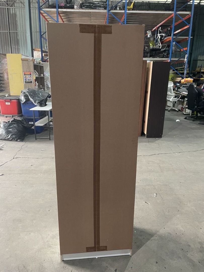 (DEFECT ITEM) 2FT 2 Door Wardrobe Solid Board with 5 Shelves / Removable Shelves-HMZ-FN-WD-6002 (Category: Shelves, Cabinets & Racks) located in Klang. Submitted by kitchenzreseller (Listing ID 1446545450, Image 2). Description: 𝗛𝟭𝟳𝟵𝗰𝗺 𝟱𝗦𝗵𝗲𝗹𝗳(𝗪𝗗-𝟲𝟬𝟬𝟮)** 2 Doors Wardrobe 5 Shelves Removable Shelves Metal Hinges PVC Handle Modern & Simple Design Sturdy & Durable Colour: White / Natural Oak / Dark Brown Self-Assembly Required Mater