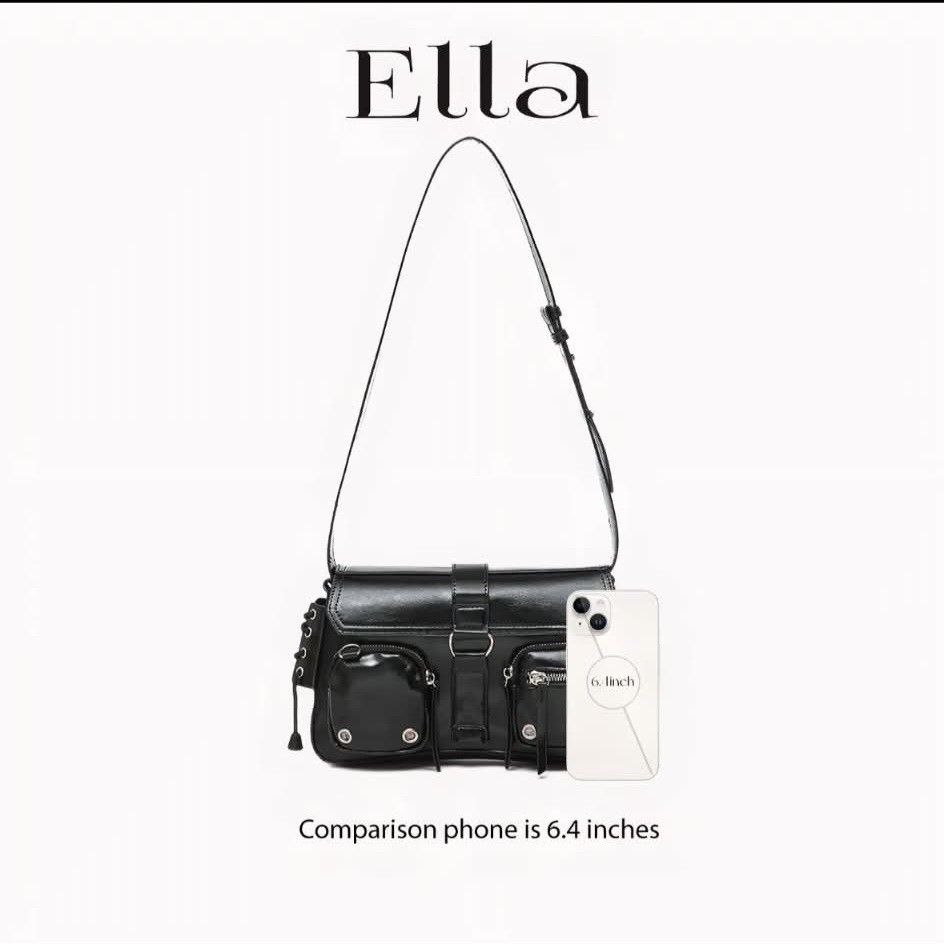 Ella Black Shoulder Bag with Multiple Pockets Concert Bag (Category: Shoulder Bags) located in Manila. Submitted by swoodeul (Listing ID 1446704471, Image 2). Description: - Ella black shoulder bag - Main compartment with internal pocket - Two front pockets with zippers - Two smaller flap pockets - Long adjustable strap - Ideal for everyday use - Fits a 6.4-inch phone BRAND NEW RFS: preferred white.