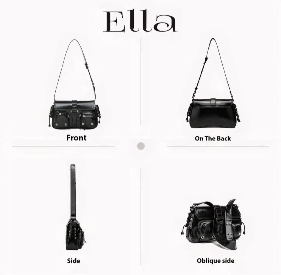 Ella Black Shoulder Bag with Multiple Pockets Concert Bag (Category: Shoulder Bags) located in Manila. Submitted by swoodeul (Listing ID 1446704471, Image 3). Description: - Ella black shoulder bag - Main compartment with internal pocket - Two front pockets with zippers - Two smaller flap pockets - Long adjustable strap - Ideal for everyday use - Fits a 6.4-inch phone BRAND NEW RFS: preferred white.