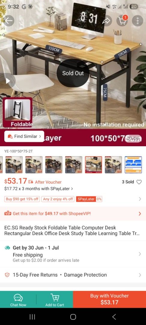 Foldable Computer Desk Study Table (Category: Tables & Sets) located in Singapore. Submitted by ankur263 (Listing ID 1446546995, Image 1). Description: - Rectangular study table - Easy to fold and store - No installation required - Suitable for home or office - Dimensions: 100cm (L) x 50cm (W) x 75cm (H) - Fast delivery available Original price $53 but during transport it came with two corners damaged a little bit and small crack on bottom. Table