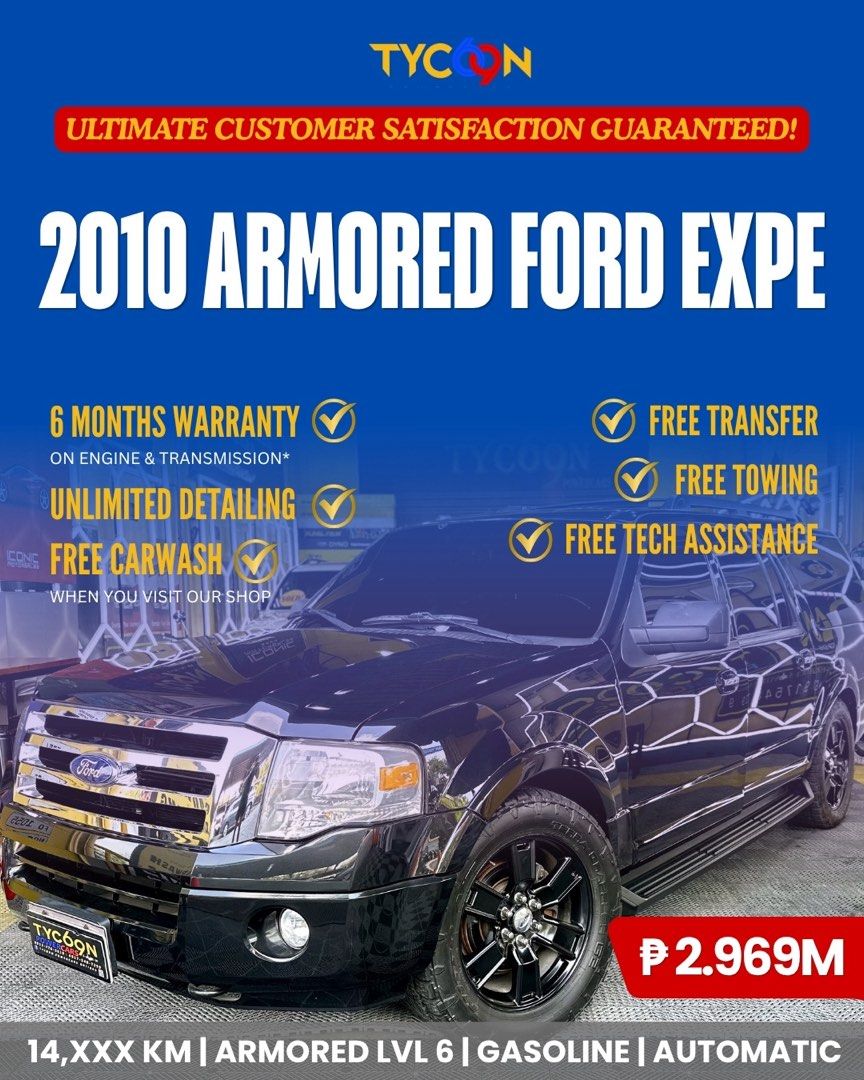 Ford Expedition Armored Auto (Category: Used Cars) located in Pasig City. Submitted by tycoon.cars (Listing ID 1221308212, Image 1). Description: - Ford Expedition Bullet/Bomb Proof - 2010 Model - Bullet/Bomb Proof Level 6 - Gasoline - Thursday Coding - Automatic Transmission - 14,XXXTKMS MILEAGE - Casa Maintained Dm for more info! 📲 We Don’t Sell Cars, We Sell Dreams. BUY•SELL•TRADE•CONSIGN•FINANCING Tycoon Powercars Autocamp #100 Ortigas Avenu