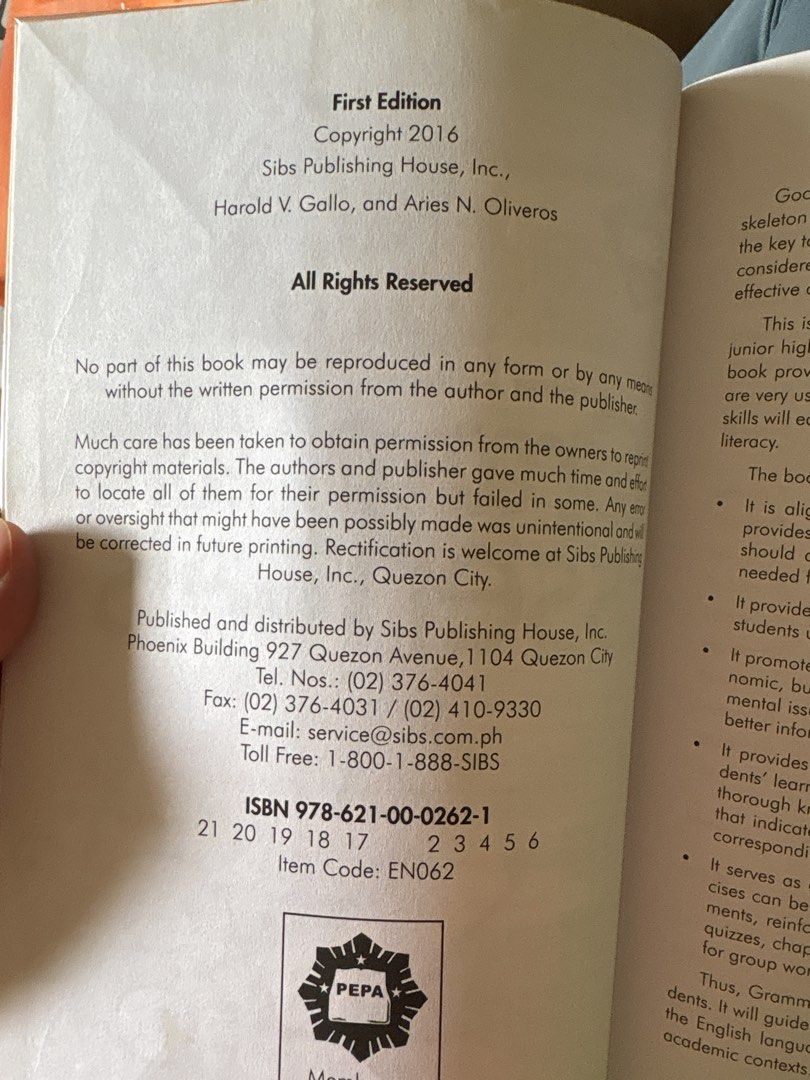 Grammar Essentials Grade 8 First Edition Sibs Publishing House (Category: Textbooks) located in Manila. Submitted by astrids.closet (Listing ID 1446573266, Image 2). Description: - Grammar Essentials book for Grade 8 - First Edition by Sibs Publishing House - K-12 Curriculum Compliant - Authors: Harold V. Gallo, Aries N. Oliveros - Coordinator: Rosalinda M. Cupcupin - Ideal for students needing grammar practice.