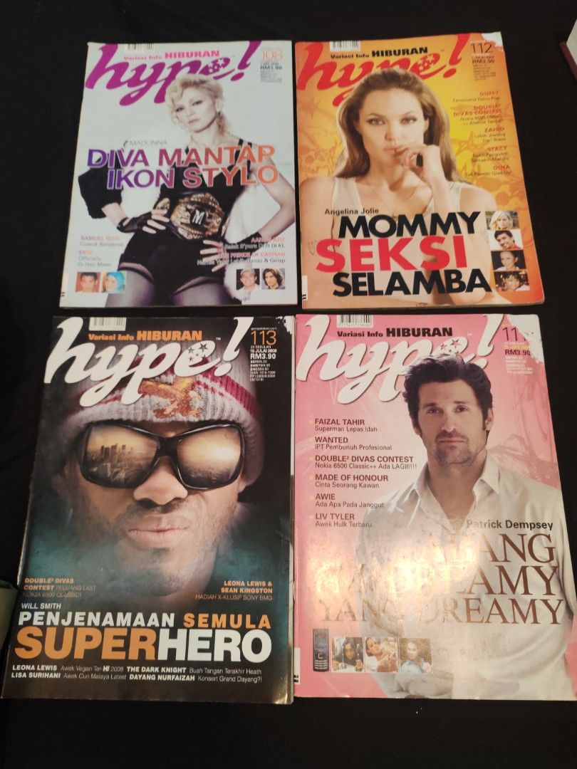 Hype! Magazine Collection - Various Issues (Category: Magazines) located in Seri Kembangan. Submitted by mjambak1 (Listing ID 1446575468, Image 1). Description: - Bundle of Hype! magazines - Features Patrick Dempsey cover/article - Includes articles on 'Mommy Seksi Selamba' - Includes articles on 'Diva Mantar' - Includes articles on 'Penjenamaan Semula Superhero' - Great for collectors or fans of these topics RM 13 each.