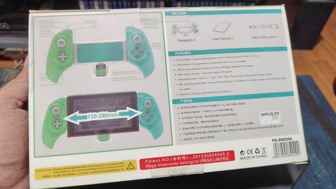 Ipega Wireless Controller for Android/PC (Category: Controllers) located in Pasig City. Submitted by jumpedmarrow979 (Listing ID 1446666825, Image 2). Description: - Ipega Wireless Controller - Compatible with Nintendo Switch - Fits phones with screen sizes from 135mm to 280mm - Includes charging cable and user manual.
