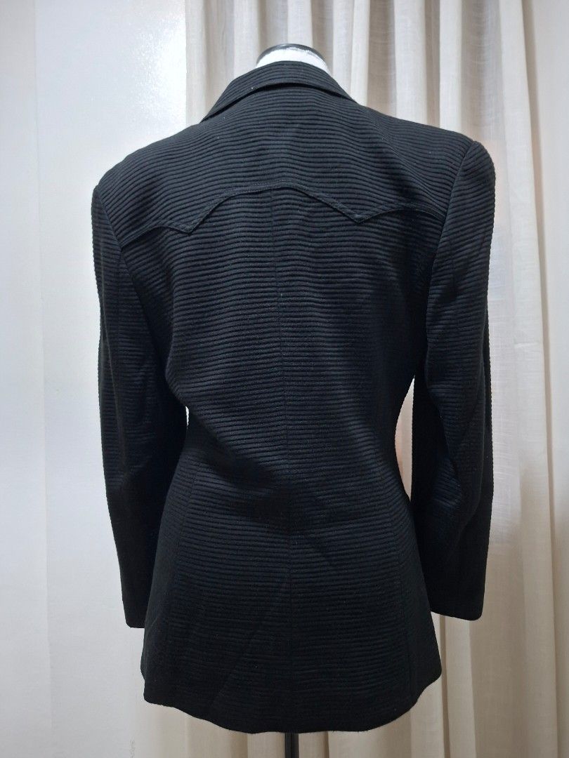 Jean Claire Black Ribbed Double-Breasted Blazer Jacket (Category: Coats, Jackets and Outerwear) located in Cabanatuan. Submitted by riworks (Listing ID 1446638688, Image 2). Description: - Last price - Black ribbed blazer from Jean Claire - Double-breasted style - Features elegant gold buttons - Two functional front pockets - Estimated US size 10.