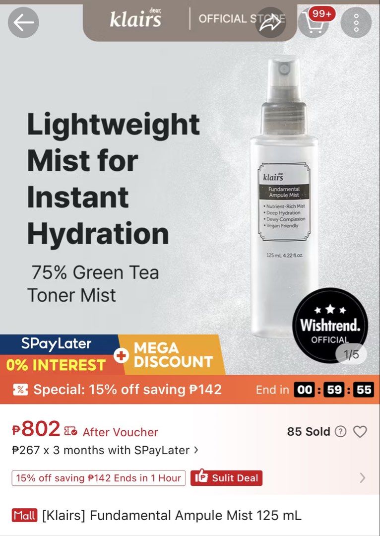 Klairs Fundamental Ampule Mist 125ml - Hydration & Dewy Complexion (Category: Face Care) located in Manila. Submitted by CamzPrelovedItems (Listing ID 1446637186, Image 1). Description: - Klairs Fundamental Ampule Mist - Lightweight for instant hydration - Contains 75% Green Tea Toner Mist - Provides deep hydration and a dewy complexion - Vegan friendly - Bottle size: 125ml / 4.22 fl.oz - Expiry Date: 2028.09.11 Almost full.