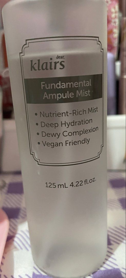 Klairs Fundamental Ampule Mist 125ml - Hydration & Dewy Complexion (Category: Face Care) located in Manila. Submitted by CamzPrelovedItems (Listing ID 1446637186, Image 2). Description: - Klairs Fundamental Ampule Mist - Lightweight for instant hydration - Contains 75% Green Tea Toner Mist - Provides deep hydration and a dewy complexion - Vegan friendly - Bottle size: 125ml / 4.22 fl.oz - Expiry Date: 2028.09.11 Almost full.