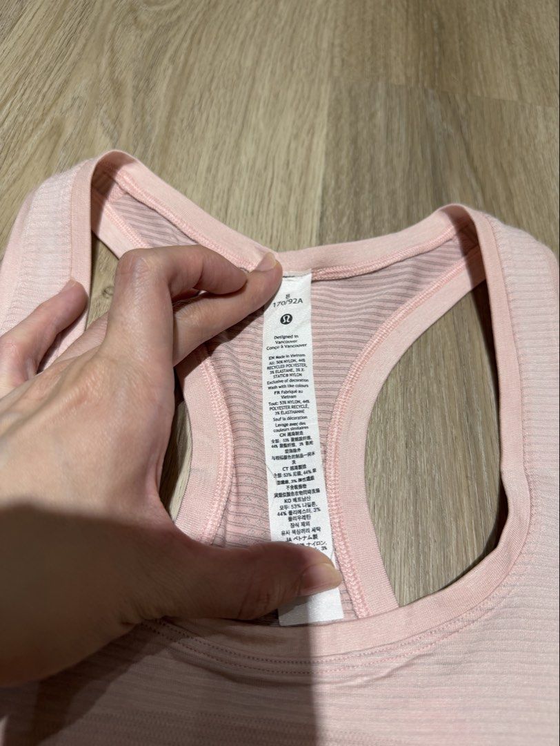 Lululemon Pink Racerback Tank Top Size 8 (Category: Activewear) located in San Juan City. Submitted by lamawears (Listing ID 1446698802, Image 2). Description: Authentic Lululemon Tank Top - baby pink - size 8 - used once, as good as new.