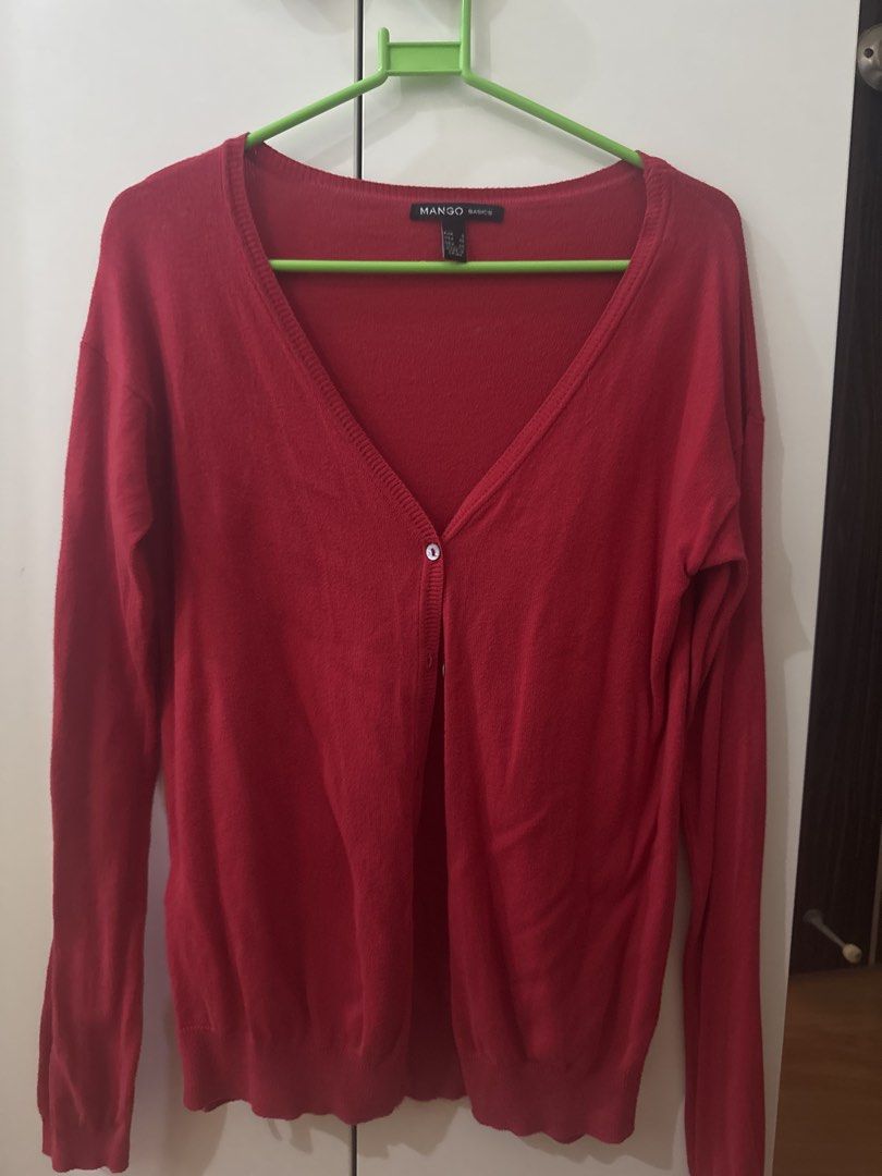 Mango Basics Red V-Neck Button-Up Cardigan (Category: Coats, Jackets and Outerwear) located in Binan City. Submitted by mituz (Listing ID 1446543313, Image 1). Description: - Red Mango Basics cardigan - V-neck style - Single button closure - Long sleeves - Classic and versatile for layering.