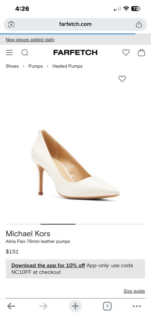 Michael Kors Leather Pumps - White (Category: Heels) located in Quezon City. Submitted by declutterislifer (Listing ID 1446614595, Image 2). Description: - Brand: Michael Kors - Color: White - Material: 100% Leather - Style: Slip-on pumps - Toe: Pointed - Heel: 76mm sculpted heel - Details: Gold-tone logo plaque on heel - Sole: Leather and rubber.
