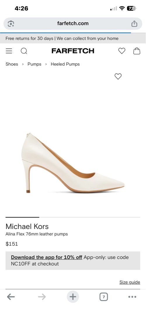 Michael Kors Leather Pumps - White (Category: Heels) located in Quezon City. Submitted by declutterislifer (Listing ID 1446614595, Image 3). Description: - Brand: Michael Kors - Color: White - Material: 100% Leather - Style: Slip-on pumps - Toe: Pointed - Heel: 76mm sculpted heel - Details: Gold-tone logo plaque on heel - Sole: Leather and rubber.