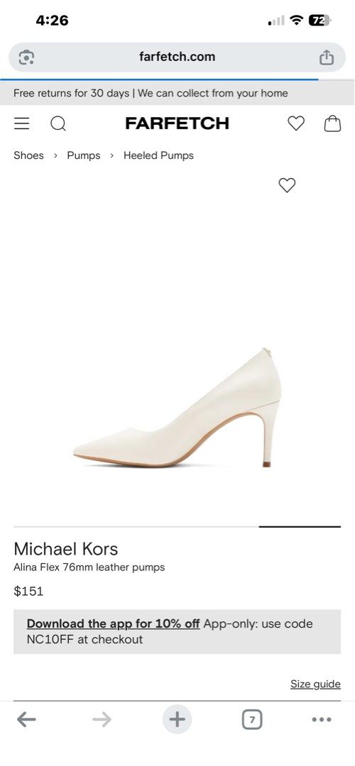 Michael Kors Leather Pumps - White (Category: Heels) located in Quezon City. Submitted by declutterislifer (Listing ID 1446614595, Image 1). Description: - Brand: Michael Kors - Color: White - Material: 100% Leather - Style: Slip-on pumps - Toe: Pointed - Heel: 76mm sculpted heel - Details: Gold-tone logo plaque on heel - Sole: Leather and rubber.