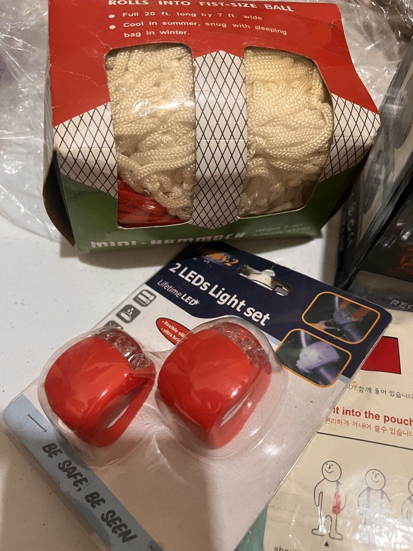 Mini Hammock, LED Lights, Camping Lantern, Carry Bag (Category: Hiking & Camping) located in Manila. Submitted by avery192224 (Listing ID 1446639358, Image 2). Description: - Mini Hammock for relaxing outdoors - Set of 2 Red LED Lights (Lifetime LED) - Rechargeable 6 LED Camping Lantern with 220V charger - USB Output on lantern for charging devices - Comes with a convenient blue carrying bag - Ideal for camping, hiking, and all outdoor adventures