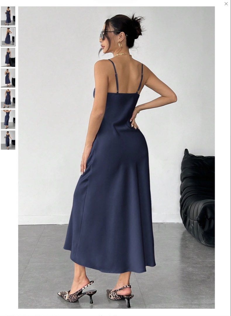 Navy Blue Satin Midi Dress (Category: Dresses) located in Iloilo. Submitted by kybooo (Listing ID 1446646771, Image 2). Description: Navy blue satin dress Midi length Adjustable spaghetti straps Flattering cowl neckline Flowy A-line skirt Perfect for dressing up or down (heels or sandals).