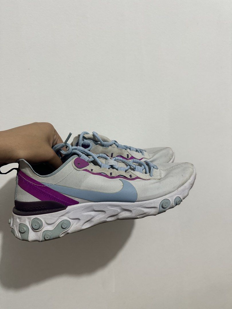 Nike React Element 55 Women's Size 8 (Category: Sneakers) located in Manila. Submitted by jherseysamonte06_ (Listing ID 1446553931, Image 1). Description: - Nike React Element 55 sneakers - Women's US Size 8 - Color: White with light blue and purple accents - Perfect for everyday wear or light workouts.