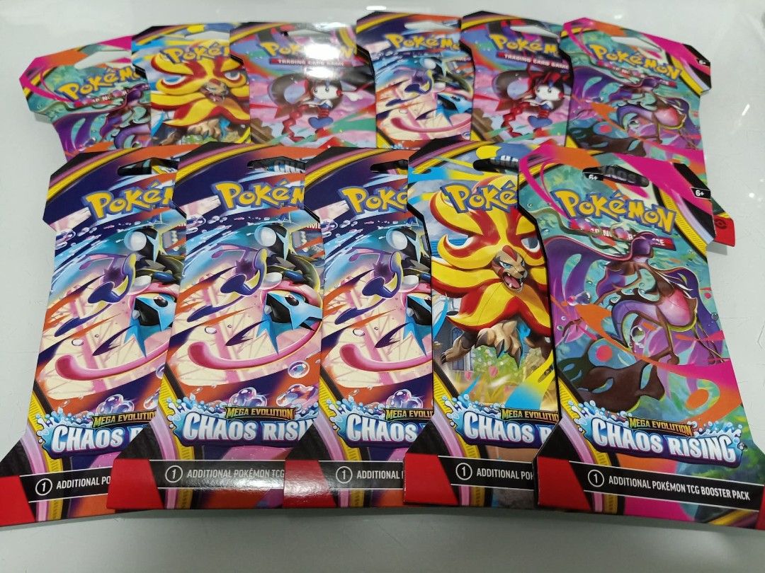 Pokemon TCG Mega Evolution Chaos Rising Booster Packs (Category: Card Packs) located in Manila. Submitted by blckbrn (Listing ID 1446106129, Image 2). Description: - 395 php per pack (sleeved) - sealed/brand-new/unopened - 20 packs available - Pokemon TCG booster packs - Expansion: Mega Evolution Chaos Rising.