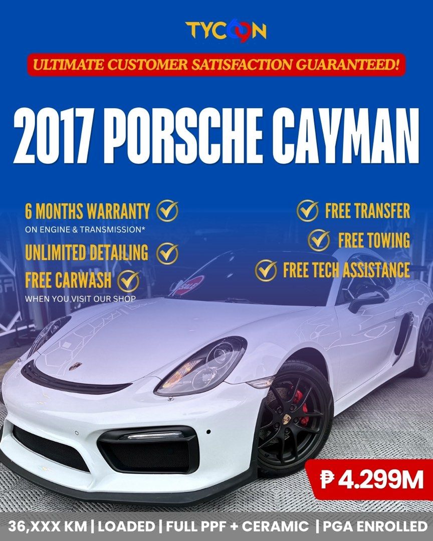 Porsche Cayman (GT4 Look) Auto (Category: Used Cars) located in Pasig City. Submitted by tycoon.cars (Listing ID 1380153042, Image 1). Description: PORSCHE CAYMAN - 2017 Model - 36,XXX Original Mileage - GT4 Look - LOADED - Automatic Transmission - Local Enrolled @ PGA Cars - PPF + Ceramic Coated - Monday Coding - SUPER FRESH - Like BRAND NEW We Don’t Sell Cars, We Sell Dreams. BUY•SELL•TRADE•CONSIGN•FINANCING Tycoon Powercars www.tycoonpowercars