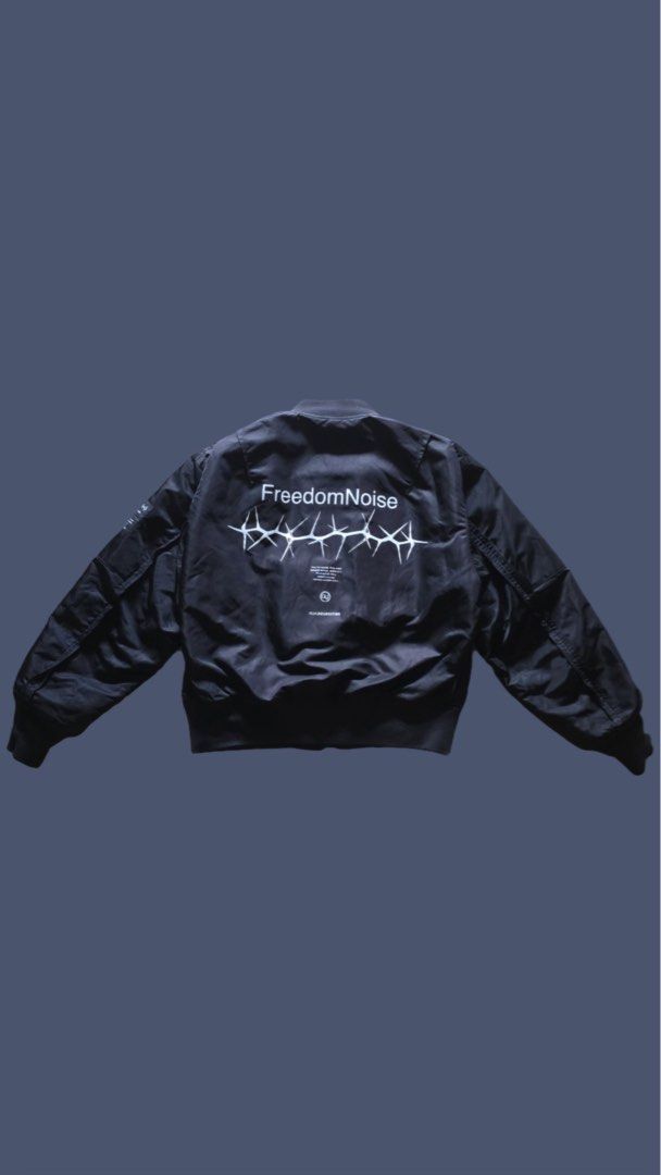 RARE Undercover GU Freedom Noise Bomber Jacket (Category: Coats, Jackets and Outerwear) located in Manila. Submitted by ram.finds (Listing ID 1446668164, Image 2). Description: RARE Black bomber jacket with 'FreedomNoise' graphic on the back. NO ISSUES SIZE SMALL 24by24 NEGOTIABLE.