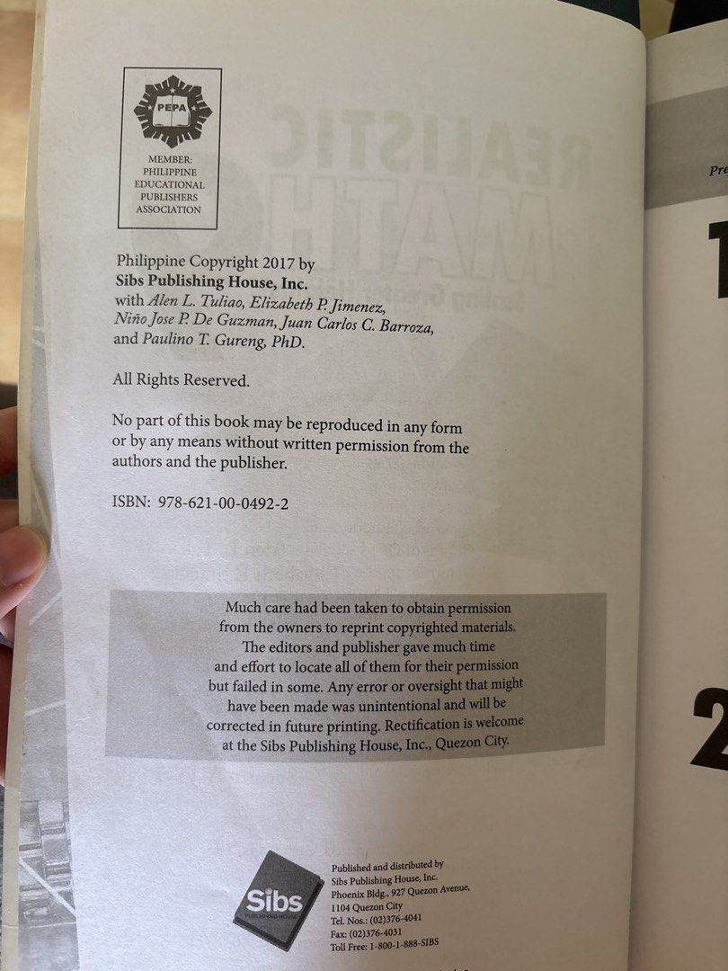 Realistic Math Grade 9 Textbook by SIBs Publishing House (Category: Textbooks) located in Manila. Submitted by astrids.closet (Listing ID 1446571030, Image 3). Description: - Grade 9 Realistic Math Textbook - Scaling Greater Heights edition - Published by SIBs Publishing House, Inc. - Copyright 2017 - Authors: Tukao, Jimenez, De Guzman, Barroza, Gureng - Curriculum Compliant.