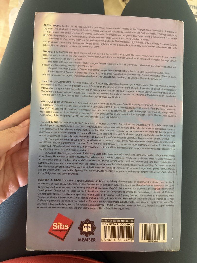 Realistic Math Grade 9 Textbook by SIBs Publishing House (Category: Textbooks) located in Manila. Submitted by astrids.closet (Listing ID 1446571030, Image 2). Description: - Grade 9 Realistic Math Textbook - Scaling Greater Heights edition - Published by SIBs Publishing House, Inc. - Copyright 2017 - Authors: Tukao, Jimenez, De Guzman, Barroza, Gureng - Curriculum Compliant.