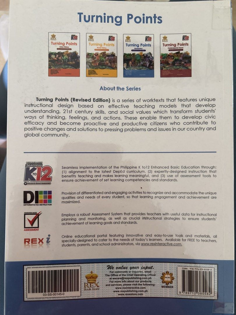 REX Turning Points Economics Worktext in Social Studies (Category: Textbooks) located in Manila. Submitted by astrids.closet (Listing ID 1446570106, Image 2). Description: - Turning Points Economics Worktext in Social Studies, Revised Edition - Published by REX Book Store - Designed for K to 12 seamless implementation - Focuses on developing critical thinking skills - Promotes social values - Ideal for students of Economics and Social Studies.