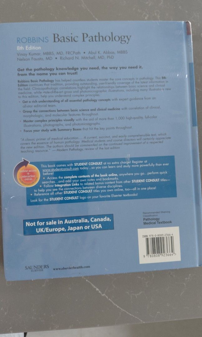 Robbins Basic Pathology （分類：教科書）位於 Hong Kong。 由 twlth 提交（商品編號 1446540769，圖片 3）。簡介： Medical book 醫科書 Robbins Basic Pathology 嘅第8版國際版教科書。書本封面設計好特別，有醫學插圖。適合醫科學生或者對病理學有興趣嘅朋友。書本係國際版，內容齊全。 全新密封膠未拆 港鐵各站面交可互就。