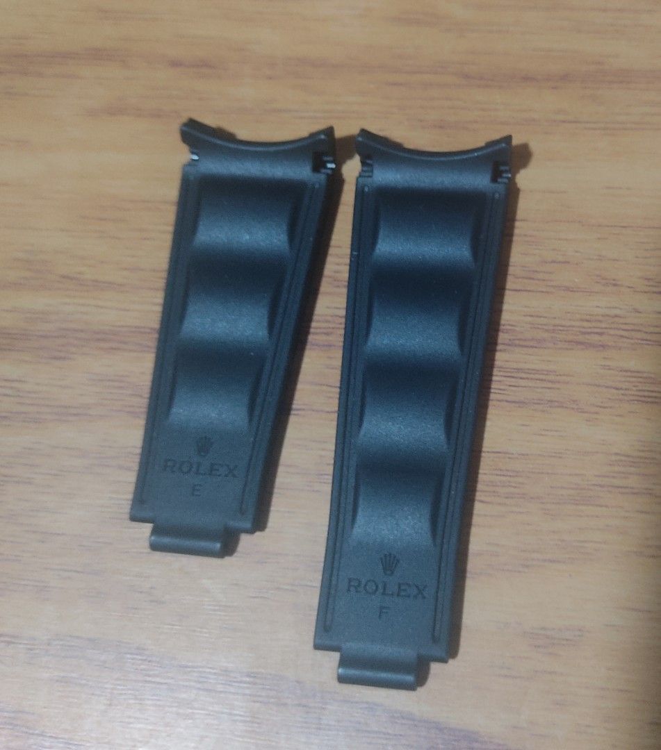 Rolex Rubber Watch Straps F & E (Category: Luxury Watches) located in Manila. Submitted by honeyrox (Listing ID 1446602444, Image 1). Description: - Pair of black rubber watch straps - Marked 'F' and 'E', likely for Rolex - Classic ribbed design - Includes small metal pins and a clasp - Ideal for replacing old straps or for watch projects - 20mm lug width - pm for inquiry -payment via bpi, gcash, gotyme, eastwest -shippping thru lalamove grab lbc