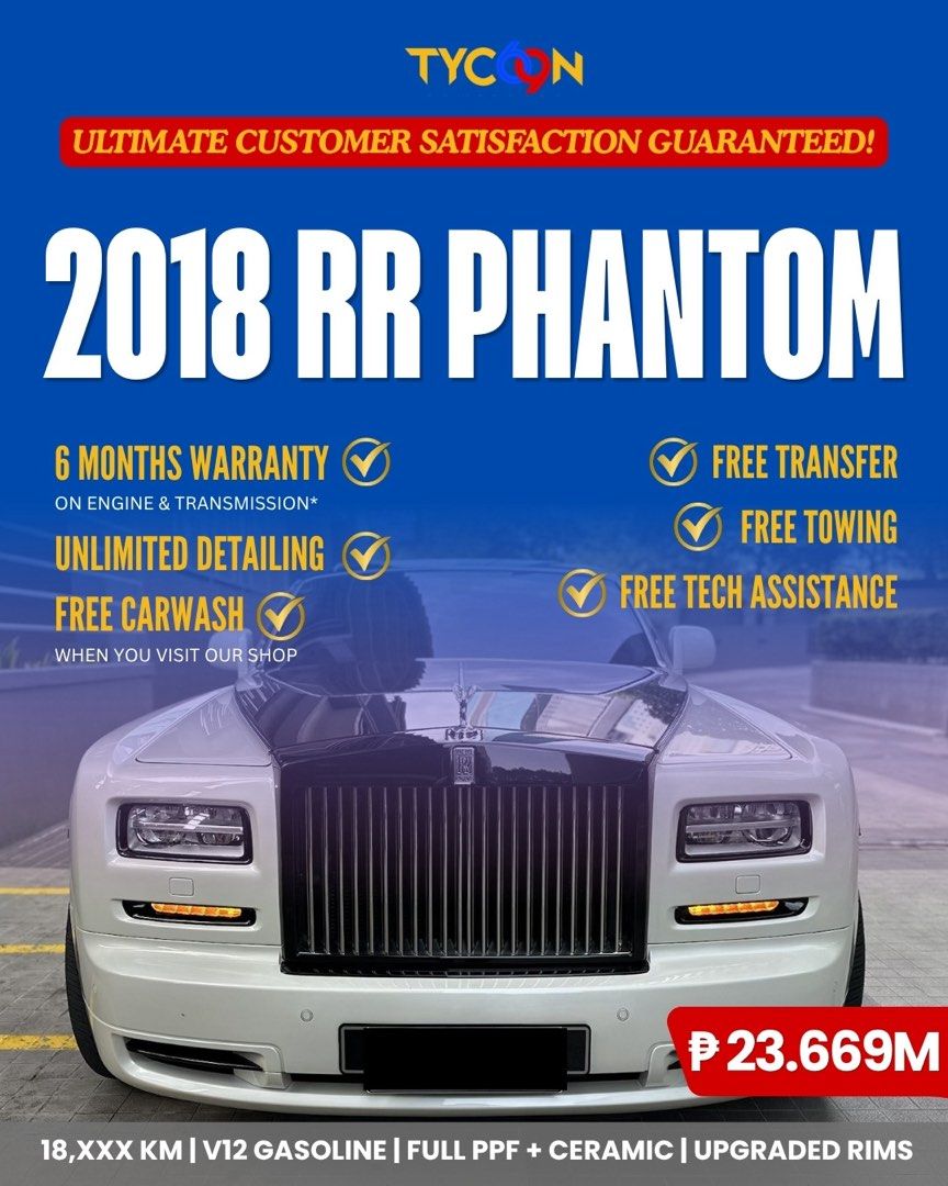 Rolls-Royce Phantom (A) (Category: Used Cars) located in Pasig City. Submitted by tycoon.cars (Listing ID 1441613207, Image 1). Description: ROLLS ROYCE PHANTOM - 2018 Model - 18,XXXkms. Original Mileage - 6.75L V12 Gasoline Engine - English White/Black Exterior - Beige/Burgundy Interior - 24’ Forgiato Piatto-M Rims (Super Black) - FULL PPF Installed - Fully Ceramic Coated - First Owner We Don’t Sell Cars, We Sell Dreams. BUY•SELL•TRADE•CONSIGN•F