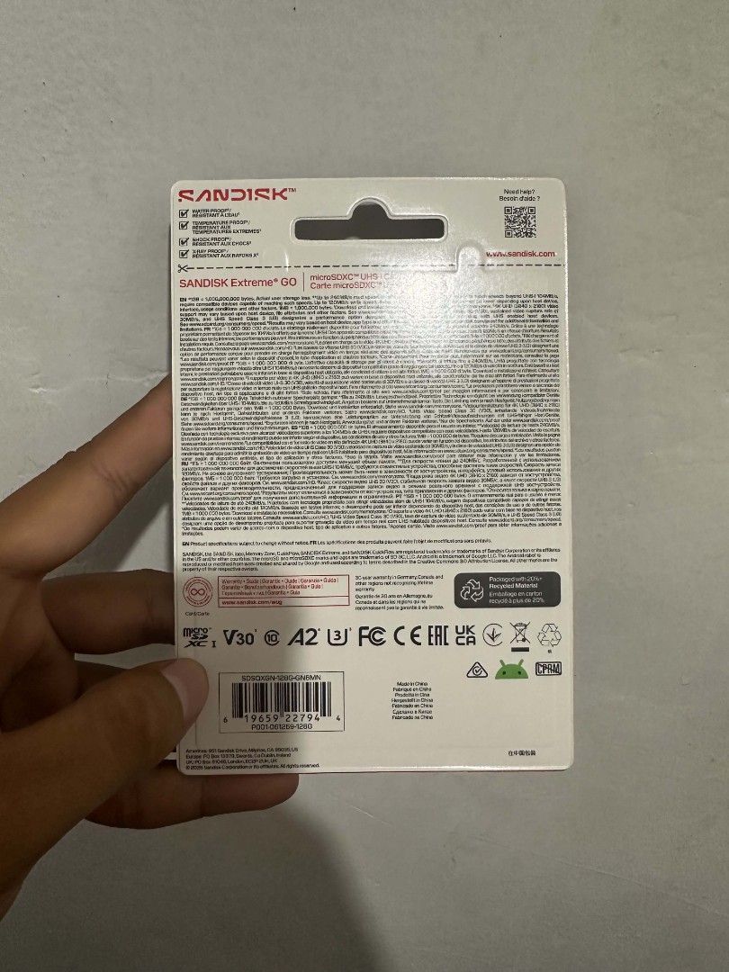 Sandisk Extreme Go 128gb (Category: Memory & SD Cards) located in Caloocan City. Submitted by herbertrivero2310-14926 (Listing ID 1446653691, Image 2). Description: - Brand: Sandisk - Model: Extreme Go - Capacity: 128GB - Type: microSDXC UHS-I Card - Ideal for smartphones, cameras, and more - High-speed performance Free if proven fake willing to test before payment.