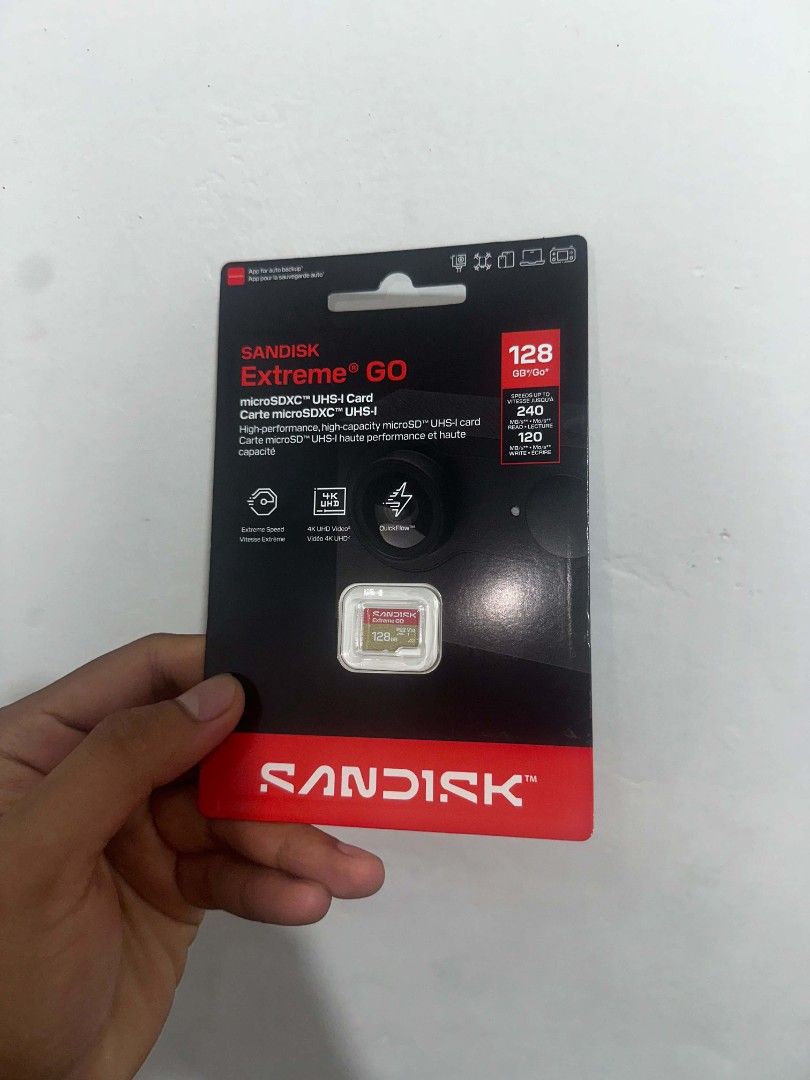 Sandisk Extreme Go 128gb (Category: Memory & SD Cards) located in Caloocan City. Submitted by herbertrivero2310-14926 (Listing ID 1446653691, Image 1). Description: - Brand: Sandisk - Model: Extreme Go - Capacity: 128GB - Type: microSDXC UHS-I Card - Ideal for smartphones, cameras, and more - High-speed performance Free if proven fake willing to test before payment.