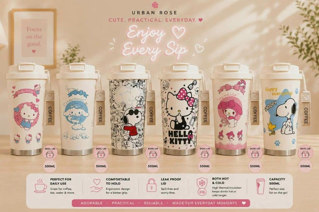 SANRIO & SNOOPY TUMBLER 500ML (Category: Pitchers & Dispensers) located in Manila. Submitted by everythingnice8888 (Listing ID 1446632131, Image 1). Description: LUNCH BREAK BUDOL ALERT! 🚨 ₱275 ONLY Yung tumbler na magpapaganda ng desk mo sa office/school 👇 Urban Rose 500mL Character Tumblers Hello Kitty 🤍 Cinnamoroll 💙 Snoopy 🖤 My Melody 💗 ✅ Leak-proof - goodbye tapon sa bag ✅ Hot & Cold - kape sa umaga, malamig na tubig sa hapon ✅ Dual-li