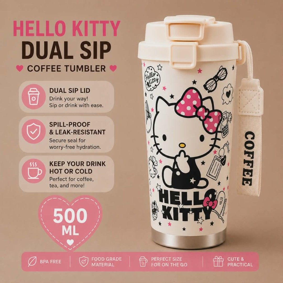 SANRIO & SNOOPY TUMBLER 500ML (Category: Pitchers & Dispensers) located in Manila. Submitted by everythingnice8888 (Listing ID 1446632131, Image 2). Description: LUNCH BREAK BUDOL ALERT! 🚨 ₱275 ONLY Yung tumbler na magpapaganda ng desk mo sa office/school 👇 Urban Rose 500mL Character Tumblers Hello Kitty 🤍 Cinnamoroll 💙 Snoopy 🖤 My Melody 💗 ✅ Leak-proof - goodbye tapon sa bag ✅ Hot & Cold - kape sa umaga, malamig na tubig sa hapon ✅ Dual-li