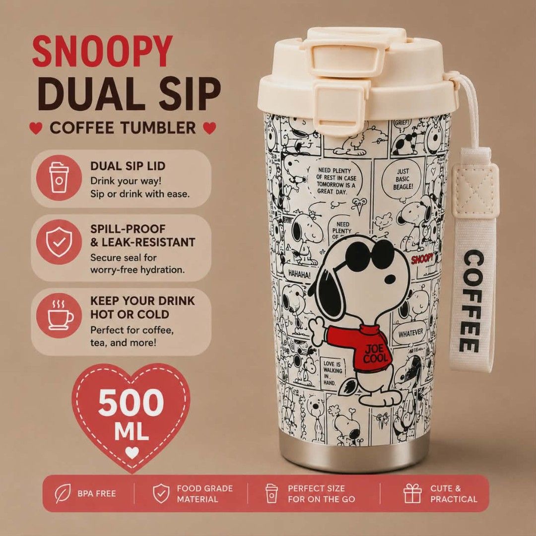 SANRIO & SNOOPY TUMBLER 500ML (Category: Pitchers & Dispensers) located in Manila. Submitted by everythingnice8888 (Listing ID 1446632131, Image 3). Description: LUNCH BREAK BUDOL ALERT! 🚨 ₱275 ONLY Yung tumbler na magpapaganda ng desk mo sa office/school 👇 Urban Rose 500mL Character Tumblers Hello Kitty 🤍 Cinnamoroll 💙 Snoopy 🖤 My Melody 💗 ✅ Leak-proof - goodbye tapon sa bag ✅ Hot & Cold - kape sa umaga, malamig na tubig sa hapon ✅ Dual-li