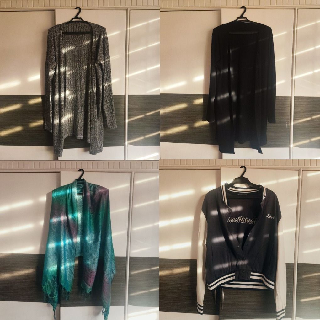 [SET] 5 pcs Cardigans, shawl / scarf, and Varsity Jacket Bundle (Category: Coats, Jackets and Outerwear) located in Manila. Submitted by eeb0101 (Listing ID 1446606533, Image 1). Description: - Bundle includes 3 cardigans, 1 scarf / shawl and 1 varsity jacket. - Grey cardigan fits Medium to Large. - Black cardigan is stretchy and fits Large. - Tie-dye scarf (lightly used) bought in Davao. - Varsity jacket has a flaw (see last photo). - Ideal for 