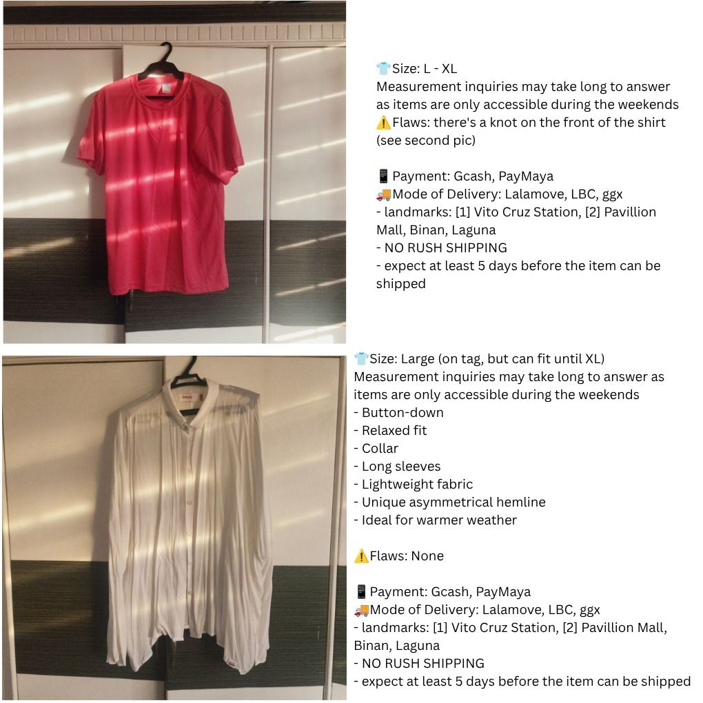 [SET] Basics White Shirt, Red Shirt, White Button Up (Category: Shirts) located in Manila. Submitted by eeb0101 (Listing ID 1446604156, Image 3). Description: 50 each, 120 if Take All .