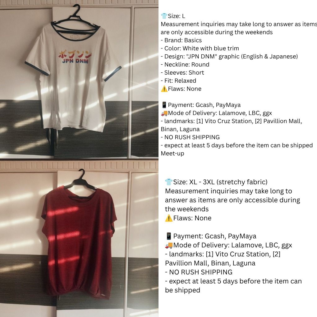[SET] Basics White Shirt, Red Shirt, White Button Up (Category: Shirts) located in Manila. Submitted by eeb0101 (Listing ID 1446604156, Image 2). Description: 50 each, 120 if Take All .