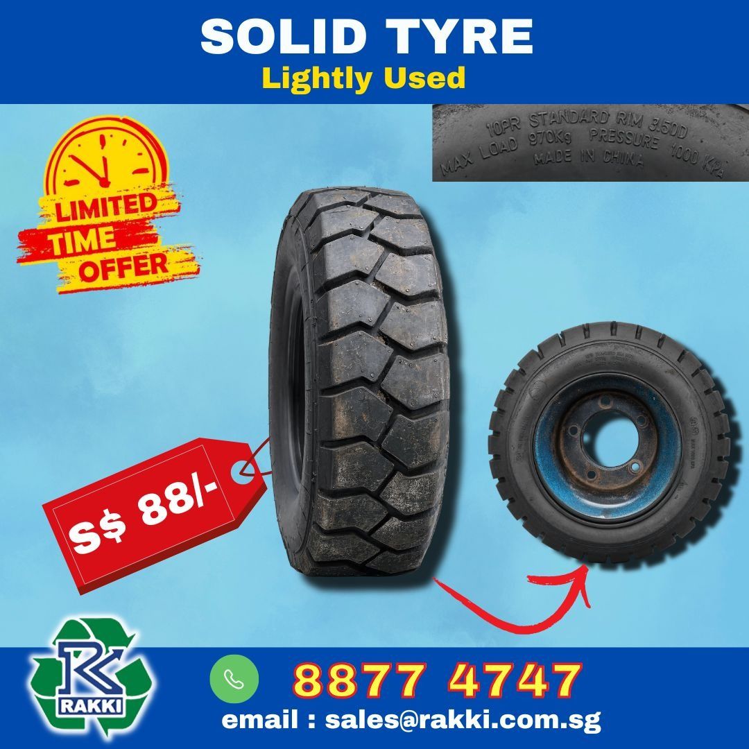 SOLID TYRE (Category: Used Tyres) located in Singapore. Submitted by Rakki_Minishop (Listing ID 1446552751, Image 1). Description: Lightly Used, comes together with Rim 5 Pcs Available Good Condition. Feel free to contact : +65-88774747.