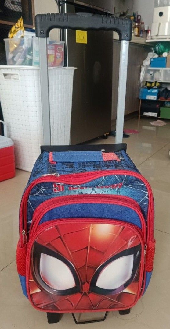 Spiderman Trolley Backpack with Wheels (Category: Backpacks) located in Cebu City. Submitted by vtgall (Listing ID 1446570214, Image 1). Description: - Cool Spiderman trolley backpack for kids - Features a large Spiderman face on the front pocket - Retractable handle and wheels for easy carrying - Perfect for school or travel - Your little one will love this!.