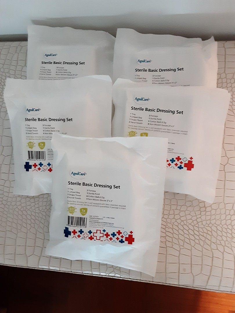 Sterile Basic Dressing Set (Category: Medical Supplies & Tools) located in Singapore. Submitted by jinhawk (Listing ID 1446582124, Image 1). Description: - 5 packets for $1 (40 pkt available) - Each pack is individually sealed - Perfect for minor wound care - expiry: Feb 2027 -meet lentor/yio chu kang met stn.