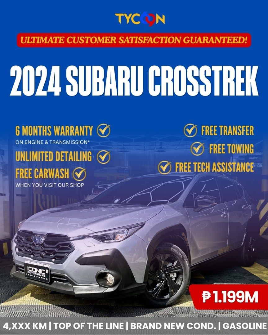 Subaru Crosstrek Top of the Line Auto (Category: Used Cars) located in Pasig City. Submitted by tycoon.cars (Listing ID 1423694226, Image 1). Description: SUBARU CROSSTREK 2.0I-S - 2024 Model - 4,XXX Original Mileage - EYESIGHT - Top of the Line Variant - 2.0L Gasoline Engine - Symmetrical AWD - Automatic Transmission - BRAND NEW CONDITION We Don’t Sell Cars, We Sell Dreams. BUY•SELL•TRADE•CONSIGN•FINANCING Tycoon Powercars Autocamp #100 Ortigas 