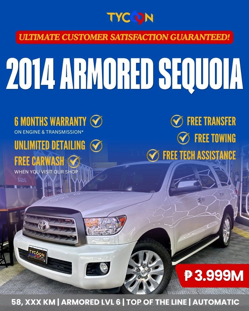 Toyota Sequoia (Category: Used Cars) located in Pasig City. Submitted by tycoon.cars (Listing ID 1374790596, Image 1). Description: TOYOTA SEQUOIA PLATINUM - 2014 Model - 58,XXX Original Mileage - White Pearl - Top of the Line Variant - Automatic Transmission - Level 6 Bulletproof + Bombproof - New Tires - Cold A/C - Monday Coding We Don’t Sell Cars, We Sell Dreams. BUY•SELL•TRADE•CONSIGN•FINANCING Tycoon Powercars www.tycoonpowercars.com Autocam