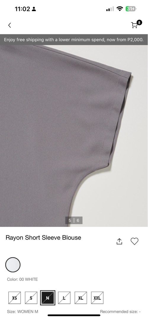 Uniqlo Rayon Short Sleeve Blouse - Gray (Category: Blouses) located in Taytay. Submitted by dezaaaa (Listing ID 1446559727, Image 3). Description: - Brand: Uniqlo - Item: Rayon Short Sleeve Blouse - Color: White - Size: Women's Medium (M) - Material: Soft rayon fabric with a nice drape - Style: Versatile, suitable for casual wear or dressing up - Features: Easy to style with various outfits.