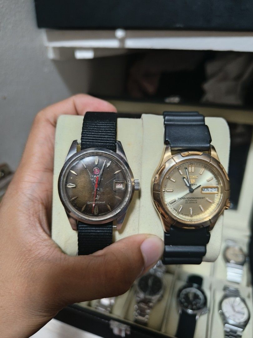 Vintage Rado & Seiko 5 Automatic Watches (Category: Men's Watches) located in Quezon City. Submitted by yglewis13 (Listing ID 1446687884, Image 1). Description: - Vintage Rado automatic watch with black NATO strap - Gold-tone Seiko 5 automatic watch with black rubber strap - Both watches are functional and ready to wear - Ideal for watch collectors - Great value when buying both pieces together -good cond and recently serviced seiko 5 and new str
